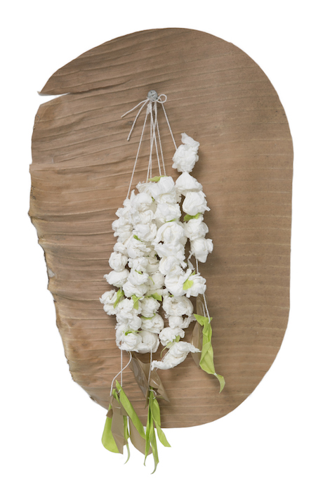 Marikit Santiago, Sampaguita, 2015, toilet tissue, thread, packaging tape and dried banana leaf, dimensions variable. Image: Cassie Bedford.