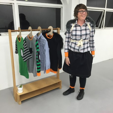 Sarah Newall pictured here with her exhibition Fashist (Winter Collection) at Sydenham 55, 2016. Image: AirSpace Projects.